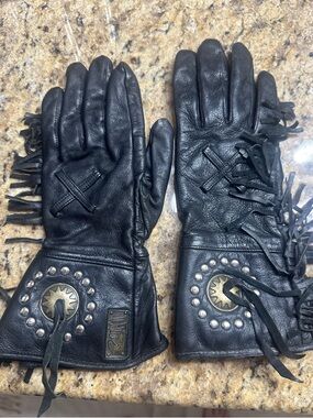 Black Leather Fringe Gloves with Sunburst Stud Accent